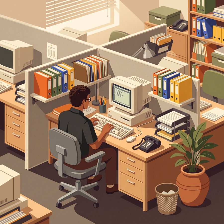 Ilustração de um servidor público trabalhando num computador antigo, numa baia de escritório cheia de pastas e fichários
